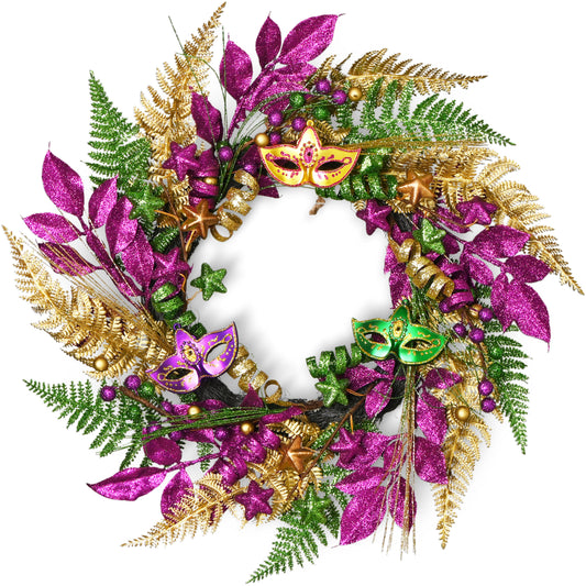 DecorbyHannah Mardi Gras Wreaths for Front Door, 22 inch Purple Green Gold Mardi Gras Decorations Wreath with Masquerade Mask, Carnival Glitter Wreath for Indoor and Outdoor Home Party Decor