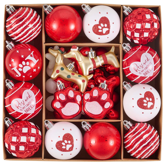 DecobyHannah 42ct Red White Christmas Ornaments Set Tree Dog Decorations,Shatterproof Joyful Pet Dog Ready to Hang Plastic Assorted Hanging Ball Bulk for Xmas Home Holiday Indoor Party Table Decor