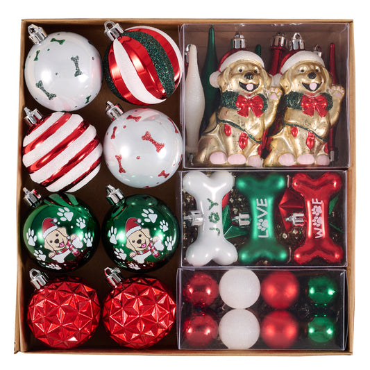 DecobyHannah 45ct Red Green White Christmas Ornaments Dog Tree Decorations,Shatterproof Joyful Pet Dog Ready to Hang Plastic Assorted Hanging Ball Bulk for Xmas Home Holiday Indoor Party Table Decor