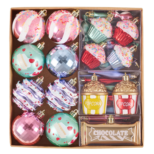 DecobyHannah 45ct Christmas Ornaments Set Macanon Candy Tree Decorations,Ready to Hang Shatterproof Plastic Assorted Sweet Pastel Hanging Ball Bulk for Xmas Home Holiday Indoor Party Table Decor