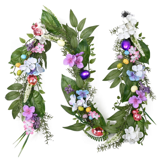 DecorbyHannah Easter Garland for Mantle, 6 ft Artificial Easter Decorations for Home with Pastel Electroplated Eggs, Spring Garland with Hydrangeas Flowers for Table Door Window Indoor Decor