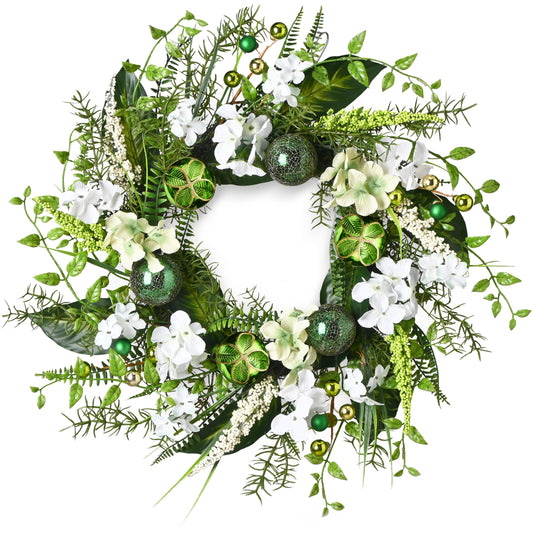 DecorbyHannah St Patricks Day Wreath Decorations, 22 Inch Aritificial Spring Wreaths for Front Door with Hydrangea and Greenery, Lucky Irish Day Party Decorations with Ornaments for Home Wall Window