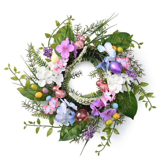 DecorbyHannah Easter Egg Wreaths for Front Door, 18" Easter Door Wreath Decorations with Pastel Electroplated Eggs, Artificial Spring Wreath with Hydrangeas Flowers for Home Wall Window Outdoor Decor
