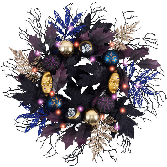 DecorbyHannah Pre-lit Halloween Wreath for Front Door, 18 Inch Light Up Black Witch Pumpkins Wreath with Lights，Maple Leaves, Moon, Ball Ornaments and Timer for Mantel Porch Wall Indoor Outdoor Decor