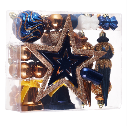 DecorbyHannah 35ct Christmas Ornaments Tree Decorations with Tree Topper|Shatterproof Blue Copper Gold Ready to Hang Christmas Ball Set Bell Hanging Plastic Bulk for Xmas Holiday Indor Party Decor