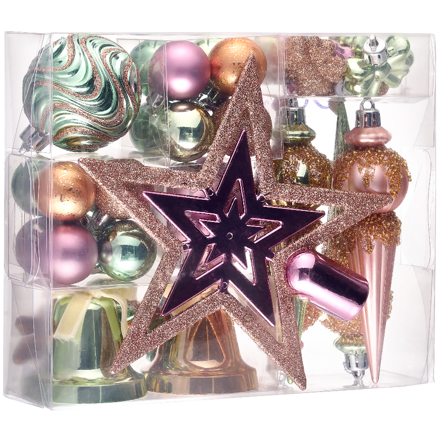 DecorbyHannah 35ct Christmas Ornaments Tree Decorations with Tree Topper|Shatterproof Pink Green Gold Ready to Hang Christmas Ball Set Bell Hanging Plastic Bulk for Xmas Holiday Indor Party Decor