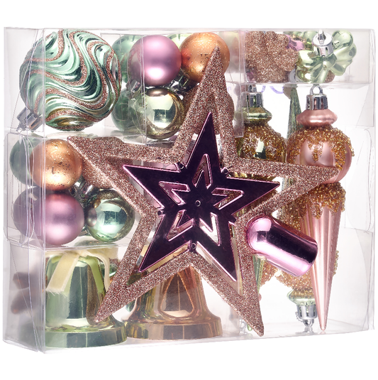 DecorbyHannah 35ct Christmas Ornaments Tree Decorations with Tree Topper|Shatterproof Pink Green Gold Ready to Hang Christmas Ball Set Bell Hanging Plastic Bulk for Xmas Holiday Indor Party Decor