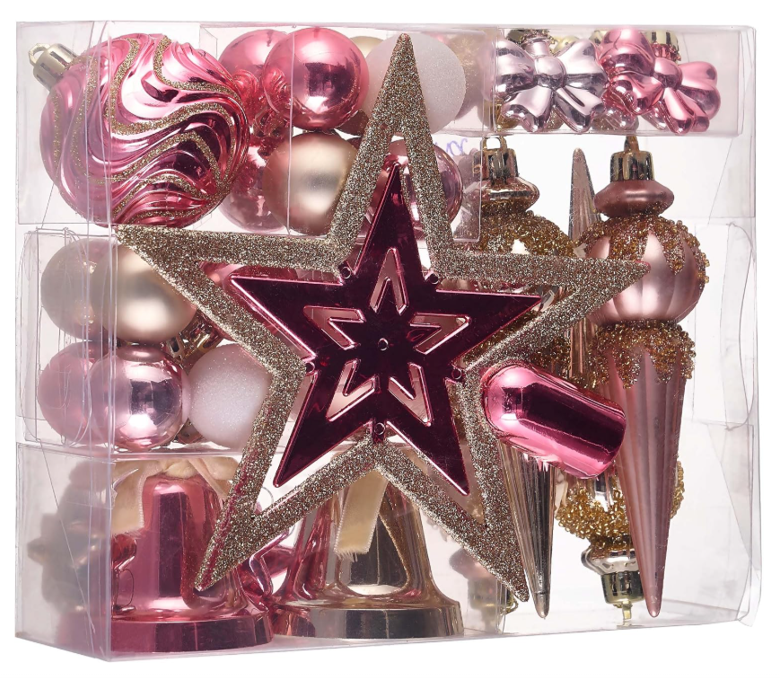 DecorbyHannah 35ct Christmas Ornaments Tree Decorations with Tree Topper|Shatterproof Soft Pink Gold Ready to Hang Christmas Ball Set Bell Hanging Plastic Bulk for Xmas Holiday Indor Party Decor