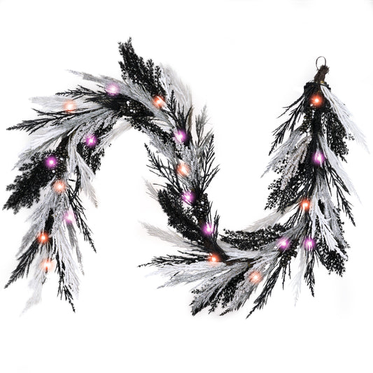 DecorbyHannah Halloween Garland for Mantel with Lights, 6ft Pre-Lit Light Up Artificial Black Silver Pampas Grass Garland with Pine Branch Berry Halloween Decor for Indoor Home Table Mantel Decoration