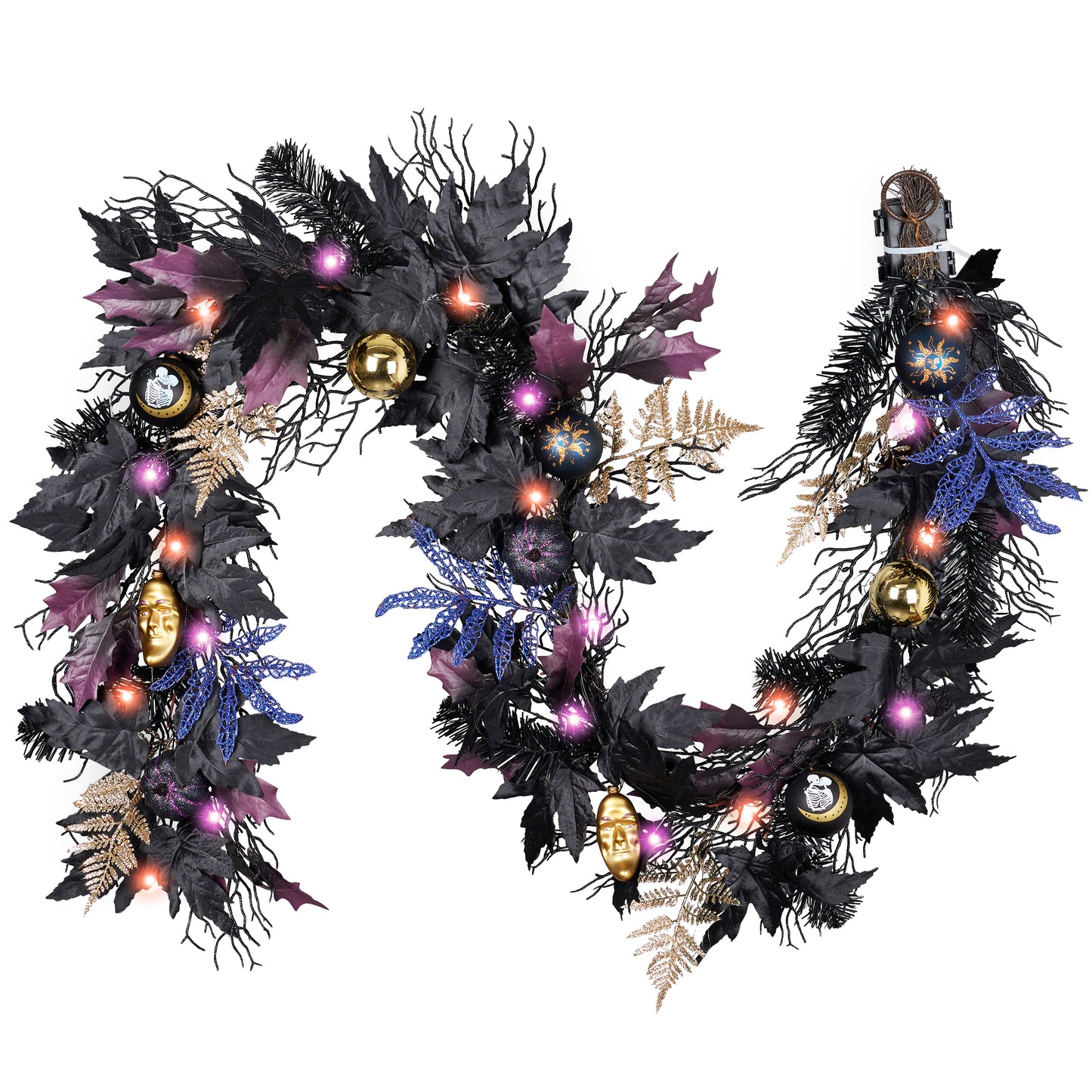 DecorbyHannah Halloween Garland for Mantel with Lights, 6ft Thick Pre-Lit Light Up Black Maple Leaf Garland with Mystic Halloween Ball Ornament Fern Branch Decor for Mantel Fireplace Table Home Indoor