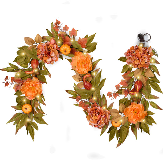 DecorbyHannah Fall Garland with Lights for Mantel, 6ft Artificial Autumn Harvest Floral Pumpkins Garland with Peony Hydrangea Fall Decorationsfor Home Thanksgiving Indoor Outdoor Table Centerpiece