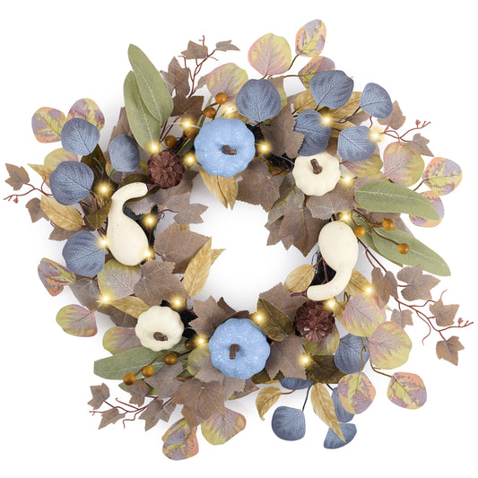DecorbyHannah Fall Wreath for Front Door, 18 Inch Lighted Autumn Harvest Pumpkin Wreath with Lights, Blue Pumpkin Pinecone Door Decor for Mantel Porch Wall Home Indoor Outdoor