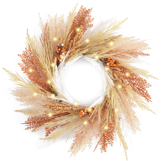 DecorbyHannah Fall Wreath for Front Door, 18 Inch Pre-Lit Artificial Faux Neutral Pampas Grass Autumn Harvest Wreath with Lights and Timer, Boho Door Decor for Outside Porch Wall Home Indoor Outdoor
