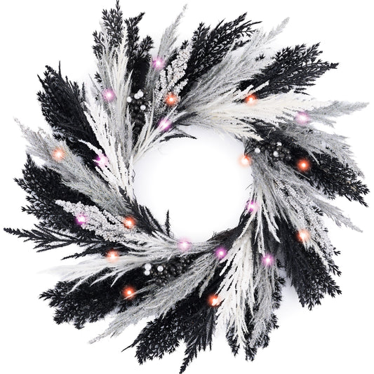 DecorbyHannah Halloween Wreath for Front Door, 18 Inch Pre-Lit Faux Black Pampas Grass Gothic Spooky Wreath with Lights and Timer, Fall Door Decor for Fireplace Mantel Porch Wall Home Indoor Outdoor
