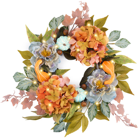 DecorbyHannah Fall Wreath for Front Door, 18 Inch Lighted Autumn Harvest Pumpkin Door Wreath with Lights, Artificial Blue Peony Hydrangea Maple Leaf Decor for Mantel Porch Wall Home Indoor Outdoor