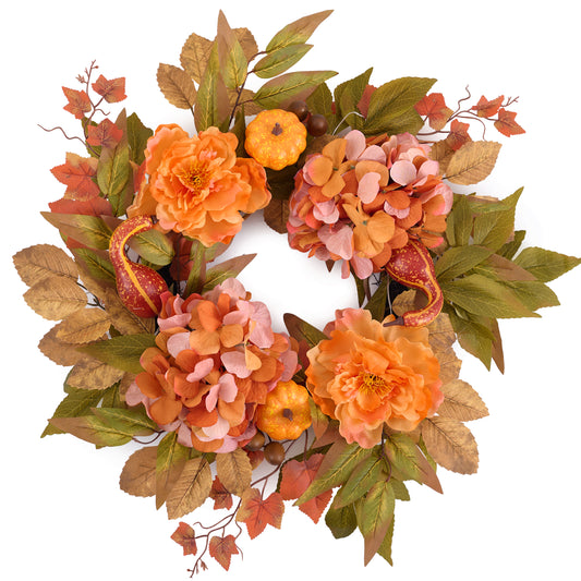 DecorbyHannah Fall Wreath for Front Door, 18 Inch Lighted Autumn Harvest Pumpkin Door Wreath with Lights, Artificial Yellow Peony Hydrangea Maple Leaf Decor for Mantel Porch Wall Home Indoor Outdoor