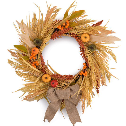 DecorbyHannah Fall Wreath for Front Door Outside, 24'' Collapsible Pre-Lit Rustic Farmhouse Autumn Harvest Door Wreath with Pumpkin Wheat Burlap Bow, Outdoor Fall Decorations for Home Mantel Porch