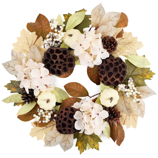 DecorbyHannah Fall Wreath for Front Door, 18 Inch Pre-Lit Autumn Harvest Thanksgiving Wreath with Light, Artificial Pumpkin Hydrangea Pinecone Lotus Maple Leaf Door Decor for Porch Wall Indoor Outdoor