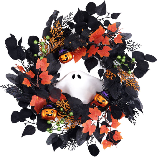 DecorbyHannah Voice Control Halloween Wreath with Lights for Front Door, 18 Inch Pre-Lit Ghost Jack-o'-Lantern Pumpkins Wreath Halloween Spooky Decorations for Home Porch Wall Indoor Outdoor Decor